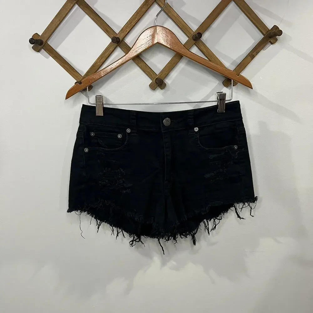 American Eagle Mom Shorts SZ 8 Denim Distressed Black Jean High Rise Stretch